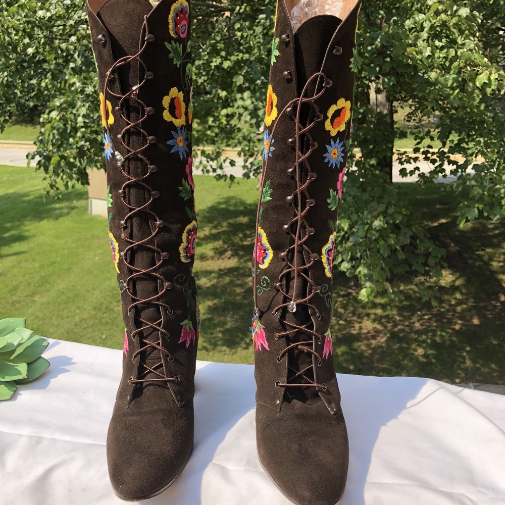 Vtg Jerry Edouard Brown Suede Embroidered Beaded 60'/70's Penny Lane GoGo Boots - Picture 6 of 12